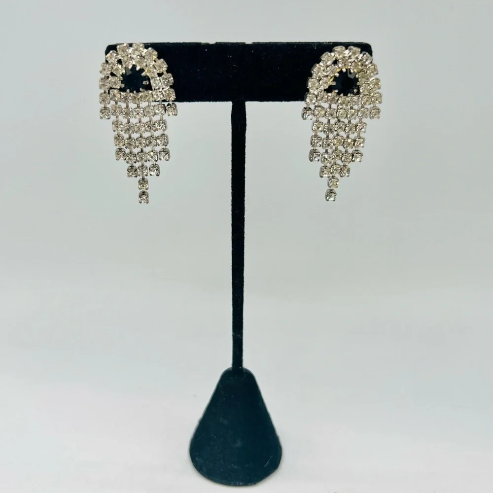 Vintage silver rhinestone fringe pierced earrings black accent dangles unique